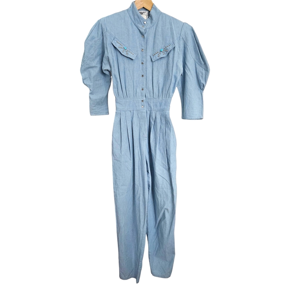Vintage 80s Lori‎ Ann Pleated Chambray Coverall Jumpsuit